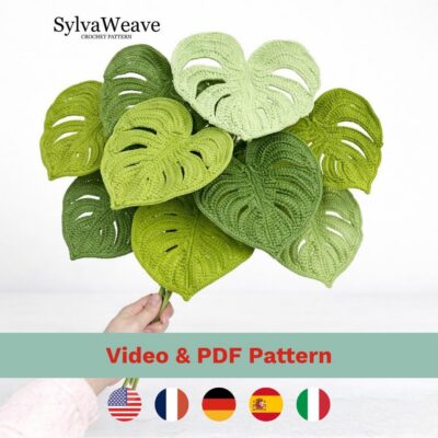 Monstera Leaf Crochet Pattern PDF & Video Tutorial, Beginner Plant Decor, DIY Flower Bouquet, Floral arrangement, House Warming