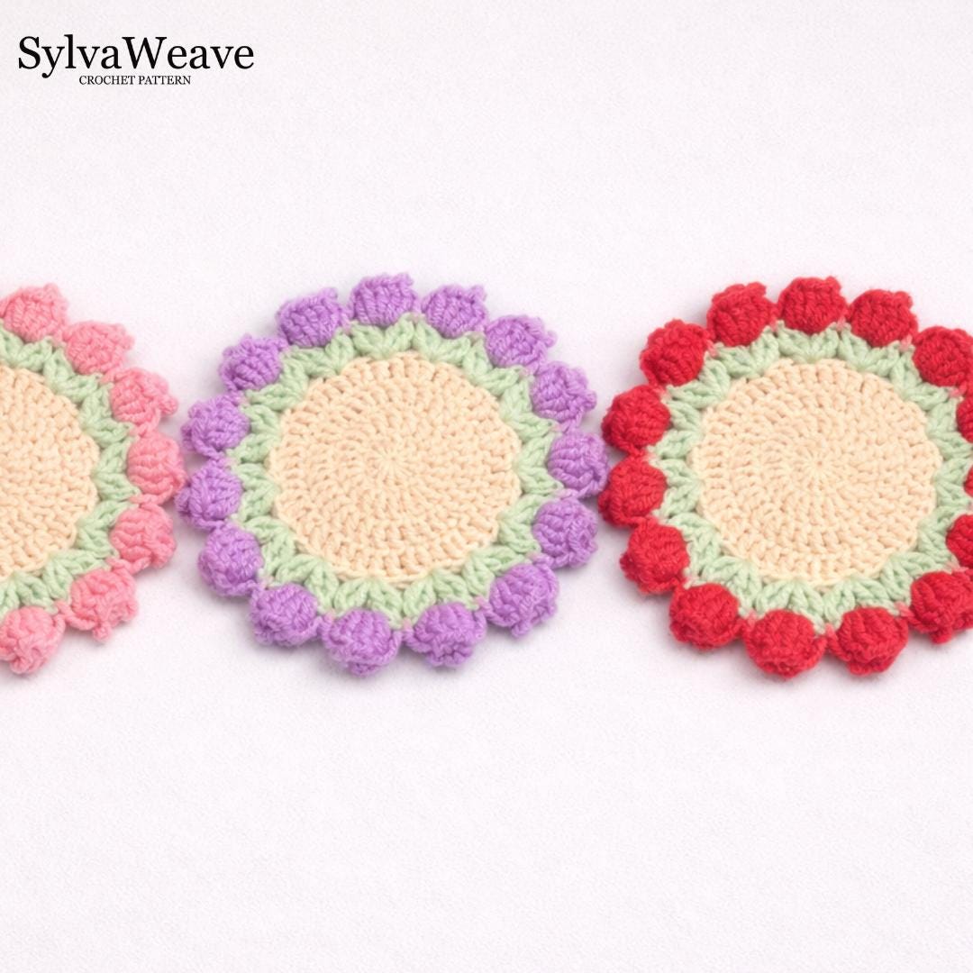 Crochet Coaster Pattern (PDF + Video Tutorial)| Tulip bouquet | 5 languages available | beginner friendly