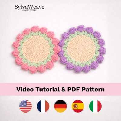 Crochet Coaster Pattern (PDF + Video Tutorial)| Tulip bouquet | 5 languages available | beginner friendly