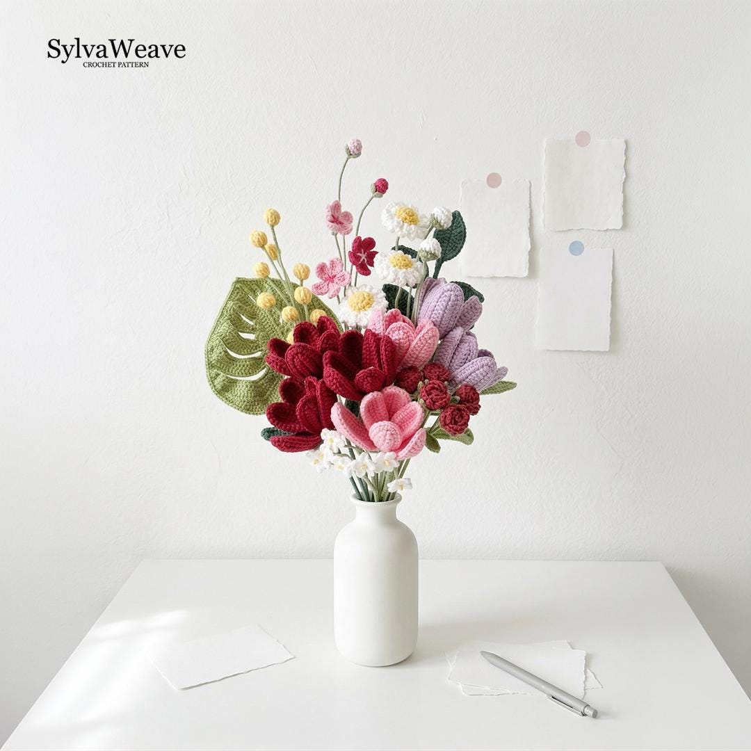 Crochet Flower Bouquet Pattern, 8 Types, Beginner Video Tutorial (Digital Download)