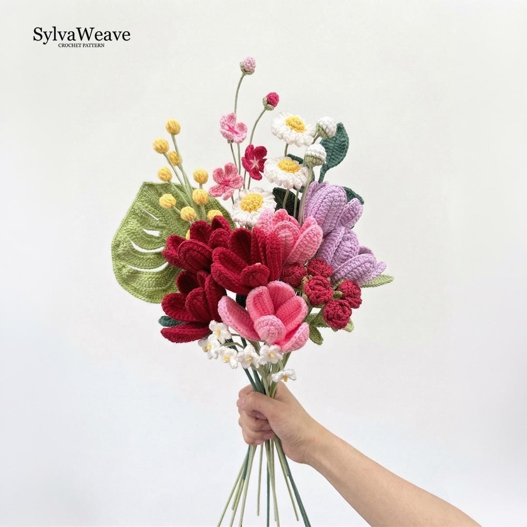 Crochet Flower Bouquet Pattern, 8 Types, Beginner Video Tutorial (Digital Download)