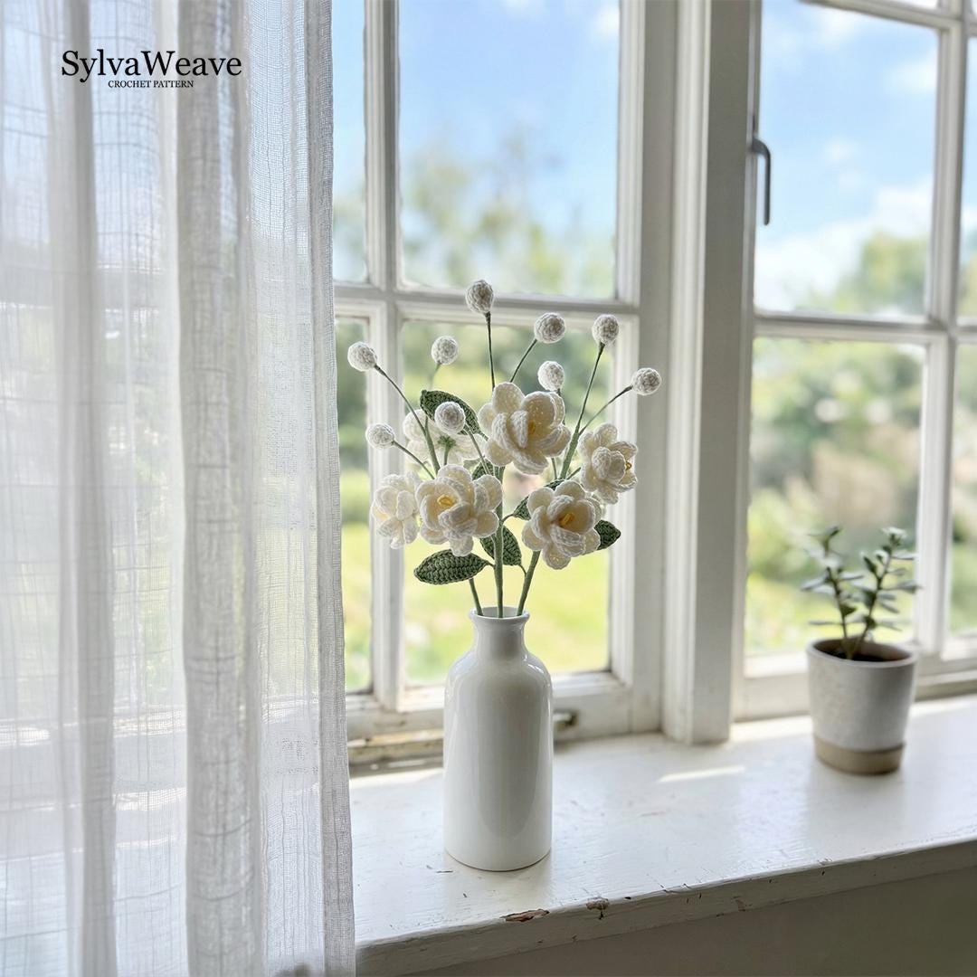 Jasmine Crochet Flower Pattern PDF & video Tutorial, Soft Floral Bouquet DIY Decor