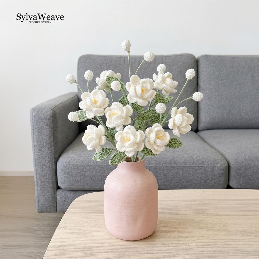 Jasmine Crochet Flower Pattern PDF & video Tutorial, Soft Floral Bouquet DIY Decor
