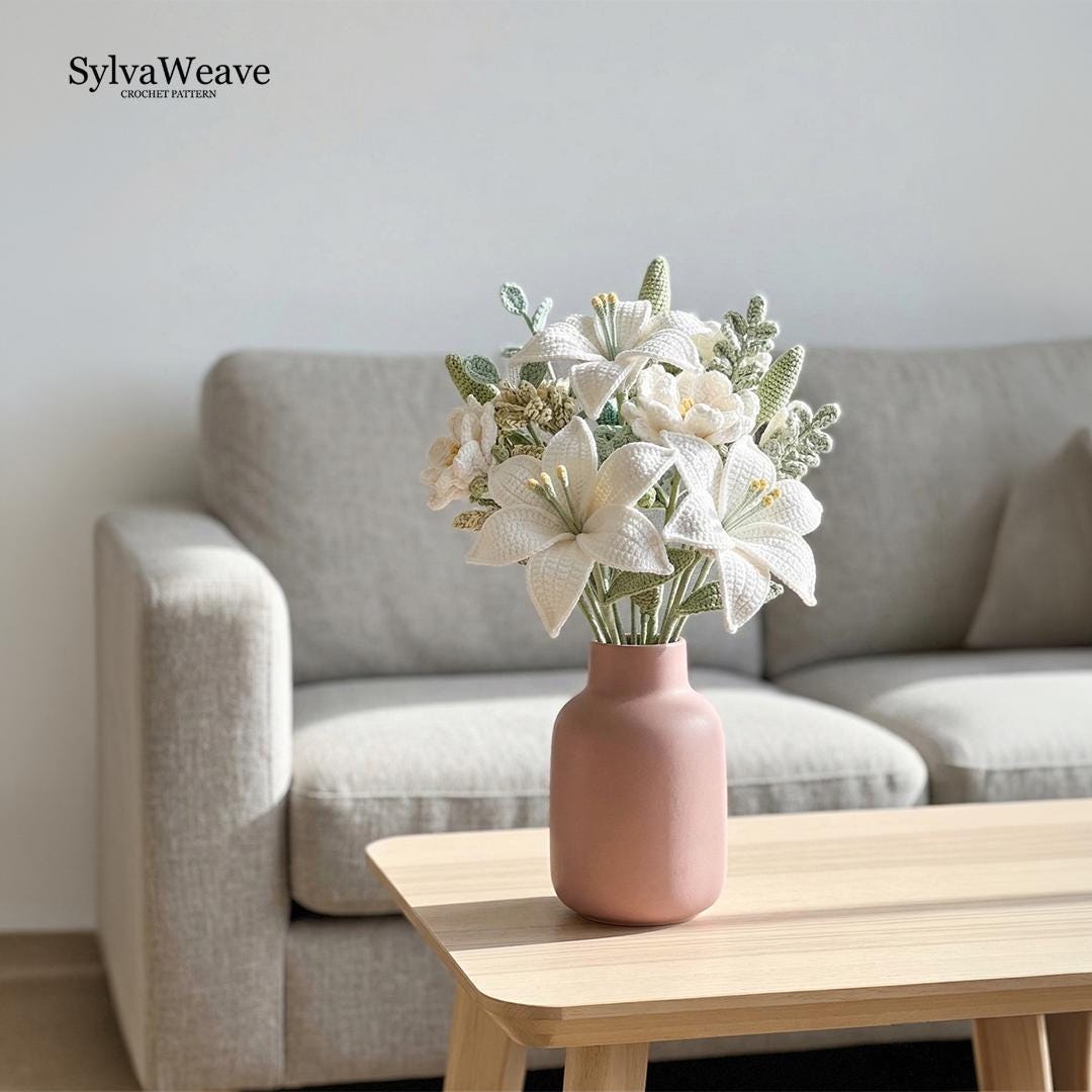 Lily Crochet Flower Pattern PDF with Video Tutorial, Elegant Bouquet DIY Gift