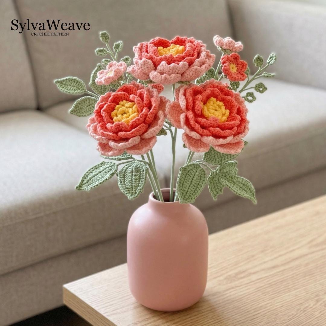 Peony Crochet Flower Pattern PDF with Video Tutorial, Romantic Bouquet DIY Gift