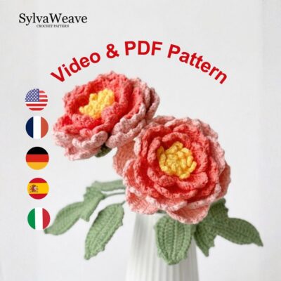 Peony Crochet Flower Pattern PDF with Video Tutorial, Romantic Bouquet DIY Gift