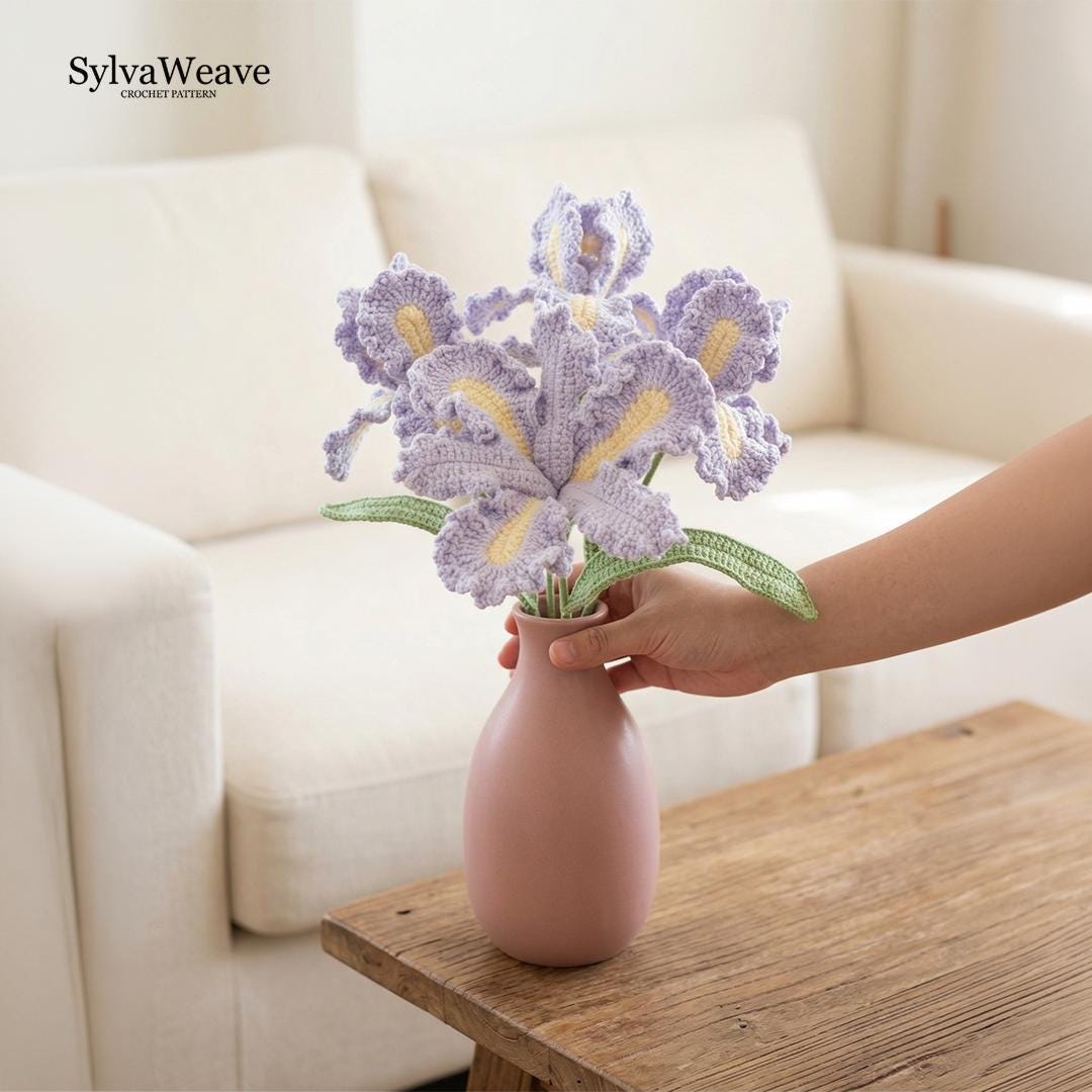 Iris Crochet Flower Pattern PDF with Video Tutorial, Elegant Bouquet DIY Gift