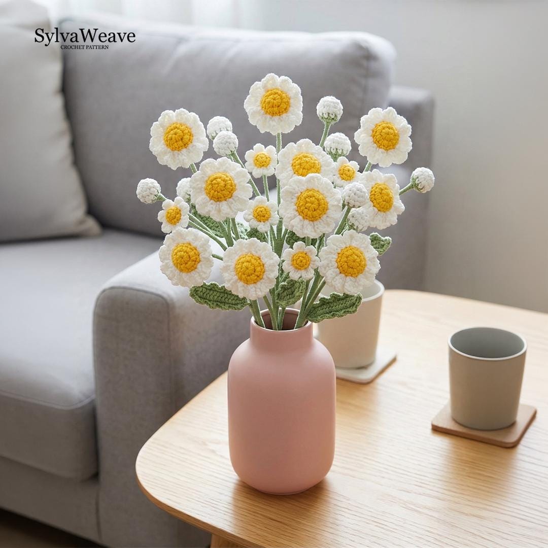 Crochet Daisy Flower Pattern, Video Tutorial, Amigurumi Bouquet, Home Decor (5 Languages)