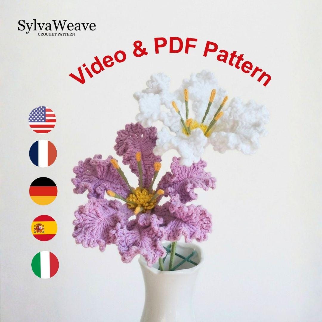 Crochet Crape Myrtle Flower Pattern, Video Tutorial, Floral Bouquet DIY (PDF)