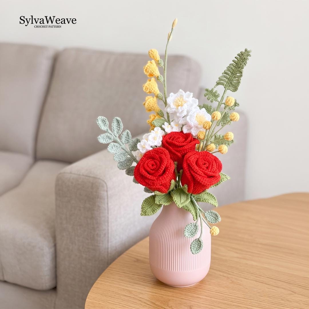 Crochet Rose Bouquet Pattern, 7 Flower Types, Video Tutorial (PDF Pattern), Forever Flower, Anniversary Gift,