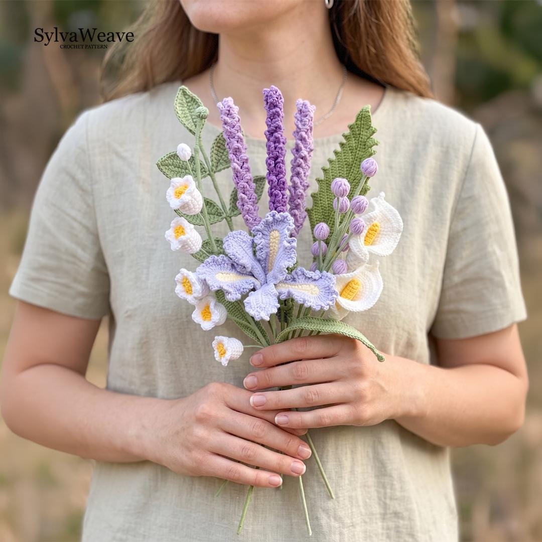 8-in-1 Crochet Flower Bouquet Pattern PDF, Video Tutorial, Crochet Lily, Lavender, Crochet Beginner, Gift for her, Anniversary Flower