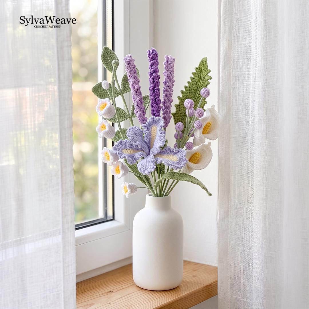 8-in-1 Crochet Flower Bouquet Pattern PDF, Video Tutorial, Crochet Lily, Lavender, Crochet Beginner, Gift for her, Anniversary Flower