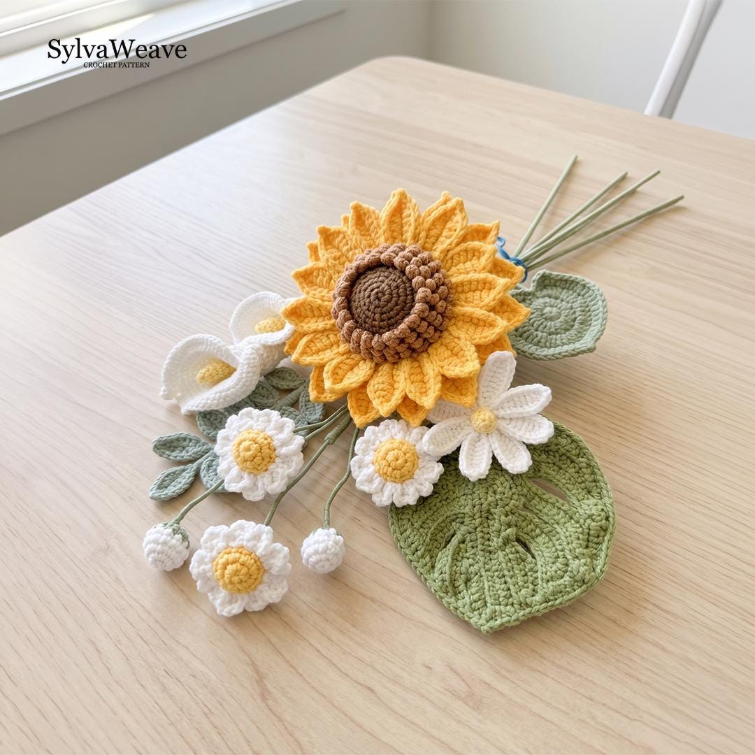 Crochet Flower Bouquet Pattern Bundle (Sunflower, Lily, Daisy, Monstera) (PDF & Video)