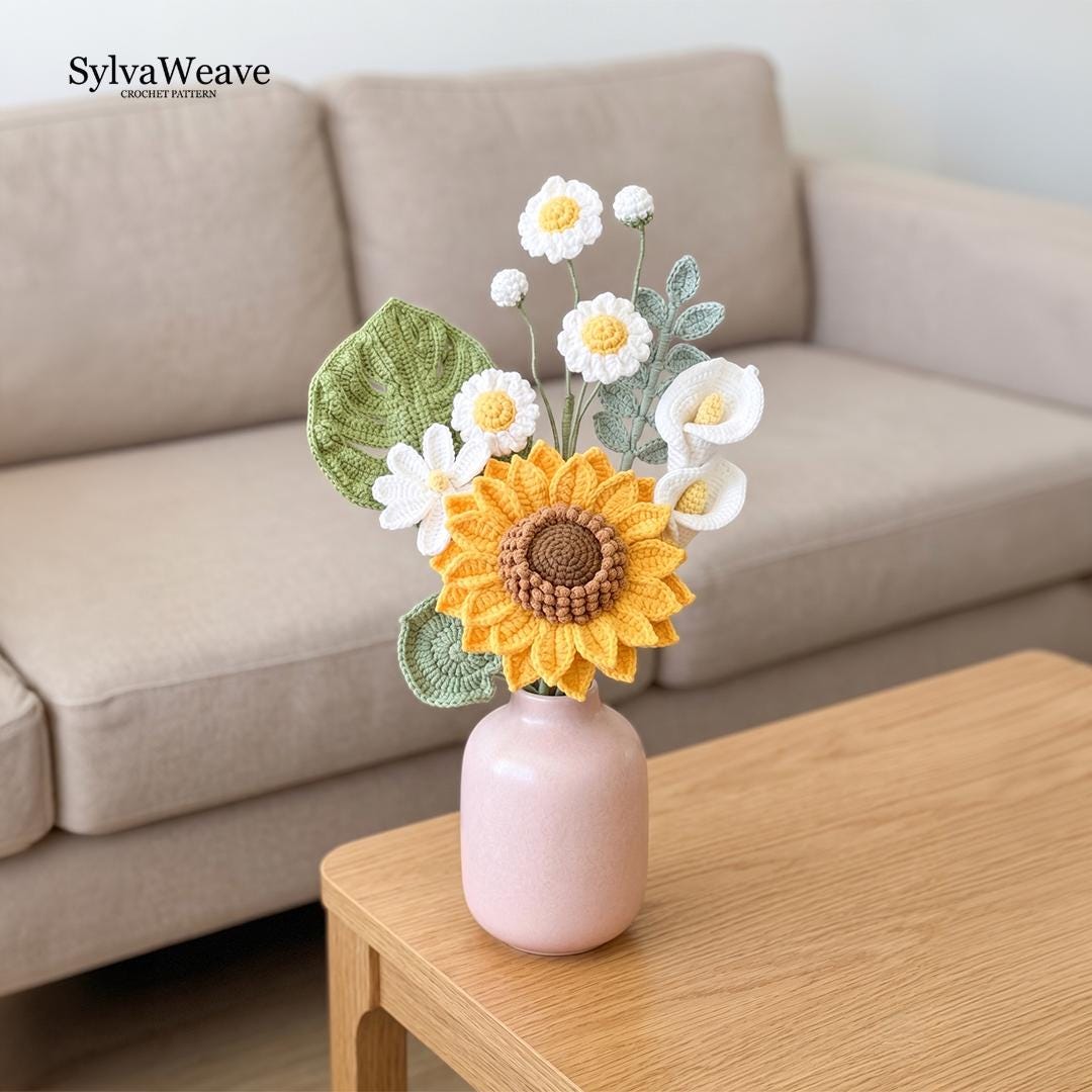 Crochet Flower Bouquet Pattern Bundle (Sunflower, Lily, Daisy, Monstera) (PDF & Video)