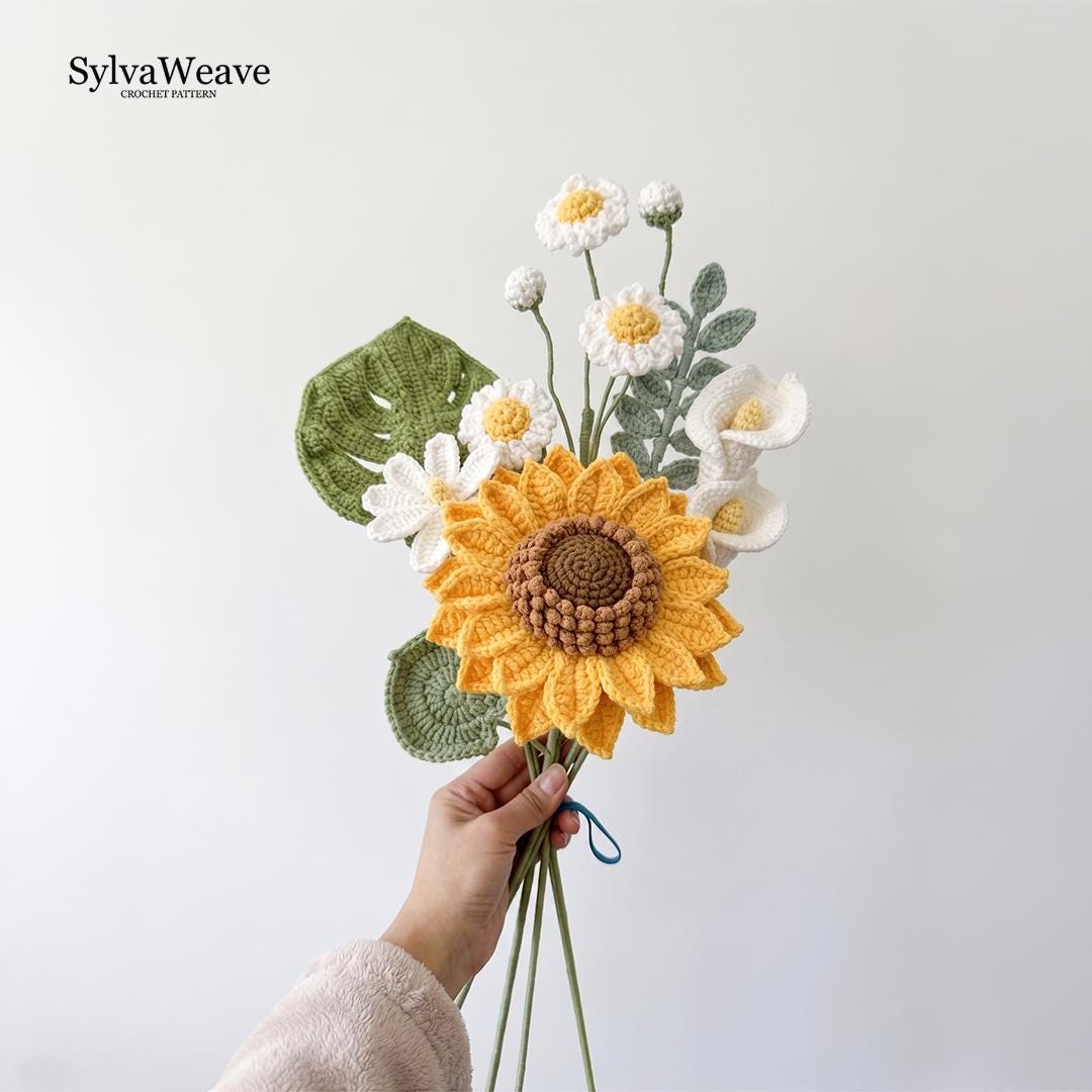 Crochet Flower Bouquet Pattern Bundle (Sunflower, Lily, Daisy, Monstera) (PDF & Video)