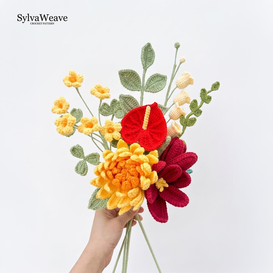 7-in-1 Crochet Flower Bouquet Pattern, Multi-Language Video Tutorial (Dahlia, Tulip, Lily)