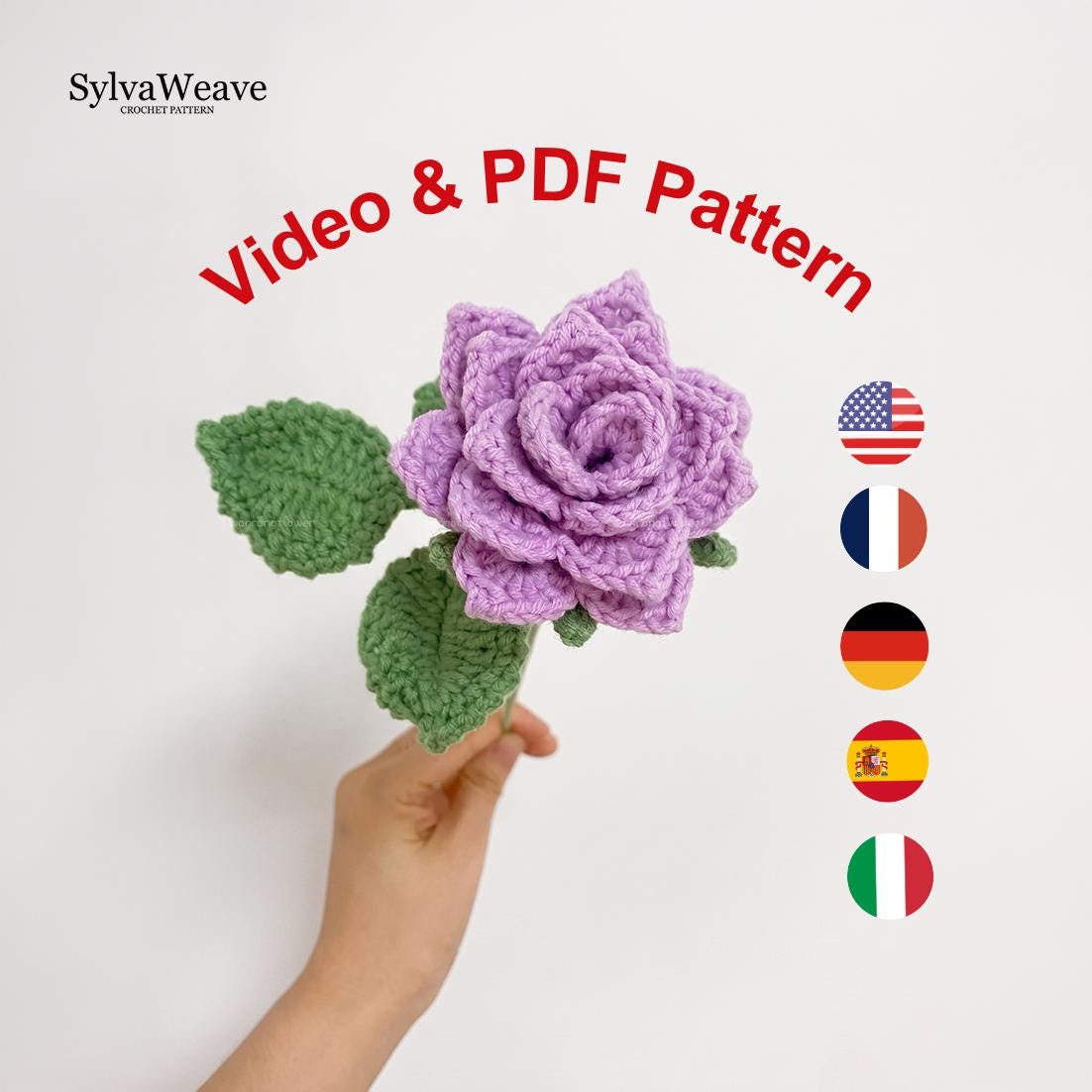 Pointed Rose Crochet Pattern PDF with Video Tutorial, Elegant Flower Bouquet DIY Gift