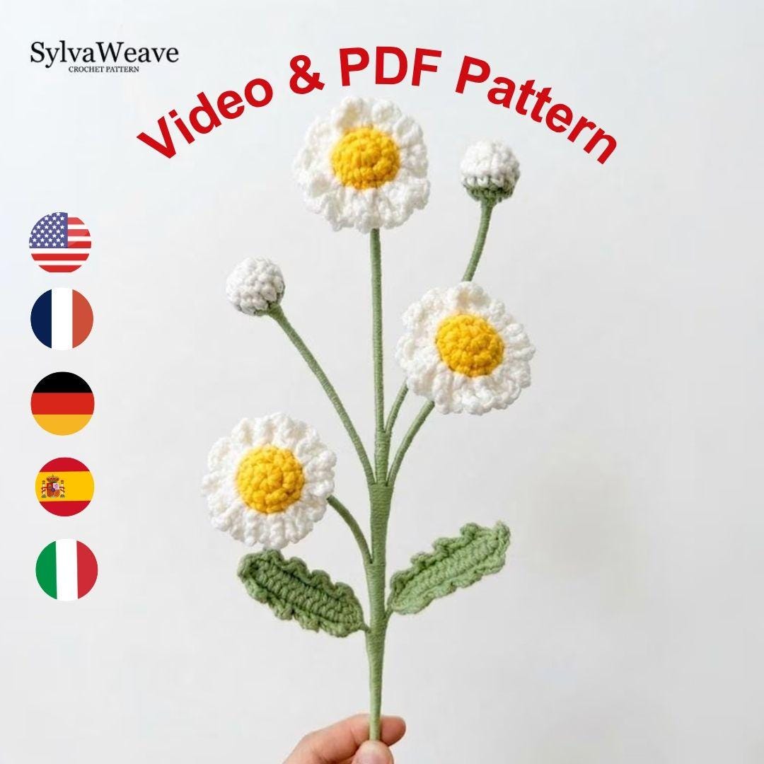 Crochet Daisy Flower Pattern, Video Tutorial, Amigurumi Bouquet, Home Decor (5 Languages)