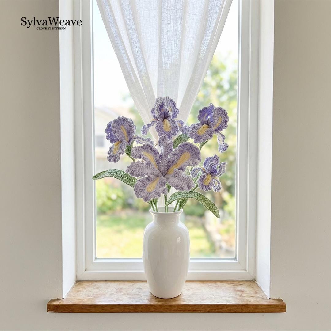 Iris Crochet Flower Pattern PDF with Video Tutorial, Elegant Bouquet DIY Gift