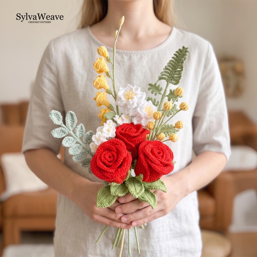 Crochet Rose Bouquet Pattern, 7 Flower Types, Video Tutorial (PDF Pattern), Forever Flower, Anniversary Gift,