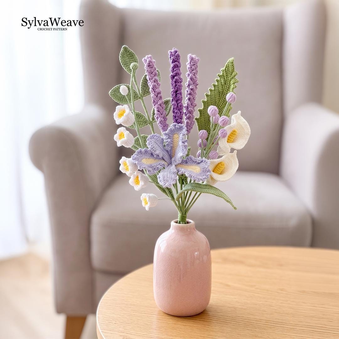 8-in-1 Crochet Flower Bouquet Pattern PDF, Video Tutorial, Crochet Lily, Lavender, Crochet Beginner, Gift for her, Anniversary Flower
