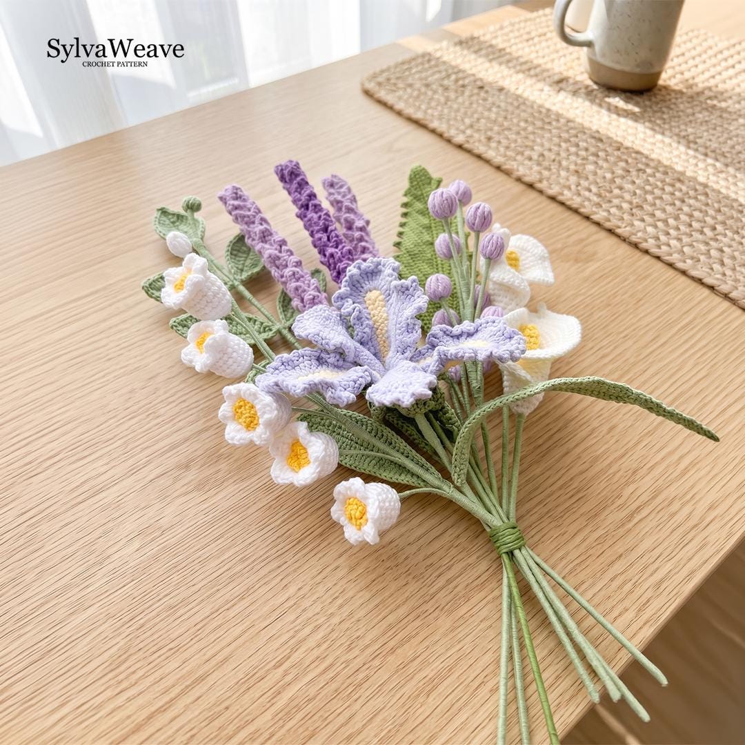 8-in-1 Crochet Flower Bouquet Pattern PDF, Video Tutorial, Crochet Lily, Lavender, Crochet Beginner, Gift for her, Anniversary Flower