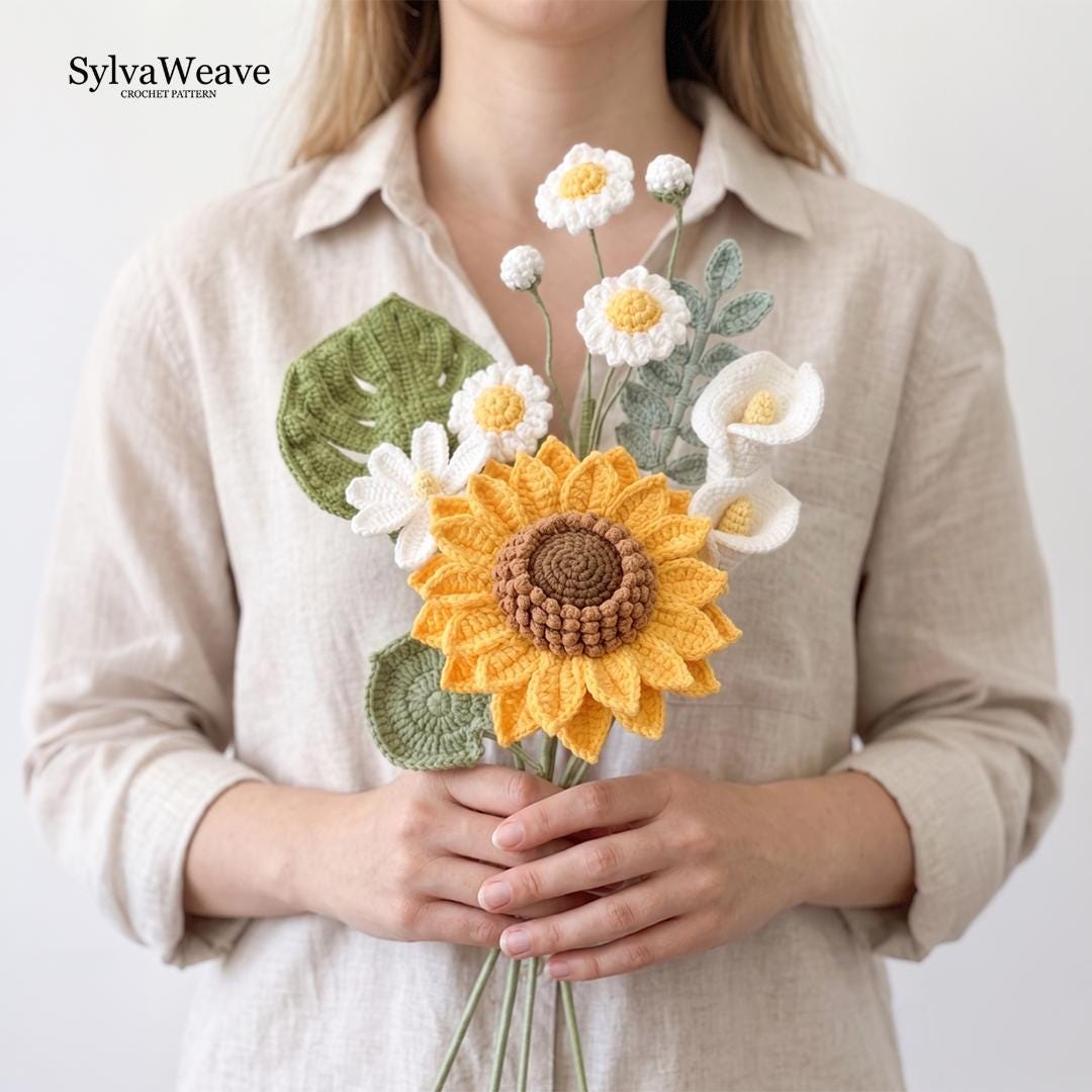 Crochet Flower Bouquet Pattern Bundle (Sunflower, Lily, Daisy, Monstera) (PDF & Video)