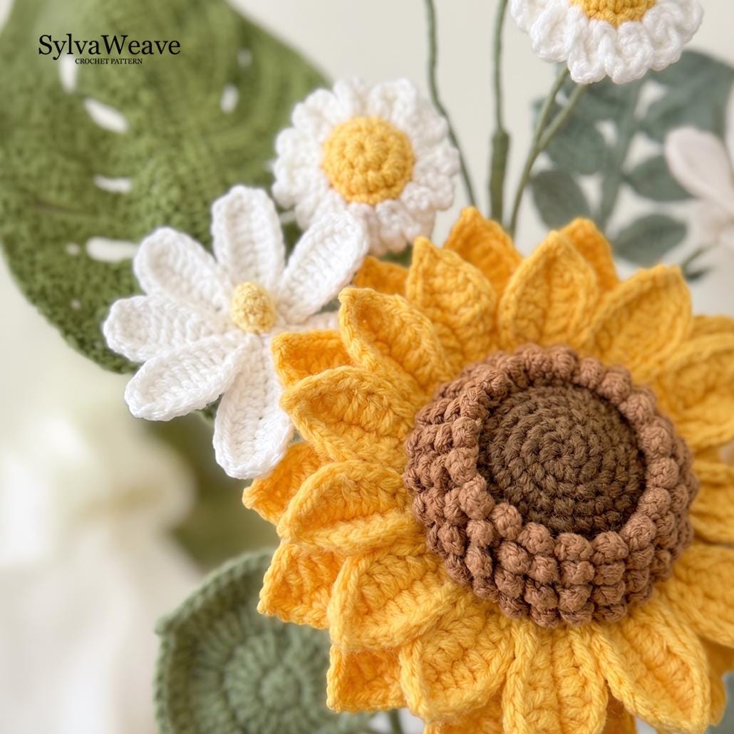 Crochet Flower Bouquet Pattern Bundle (Sunflower, Lily, Daisy, Monstera) (PDF & Video)