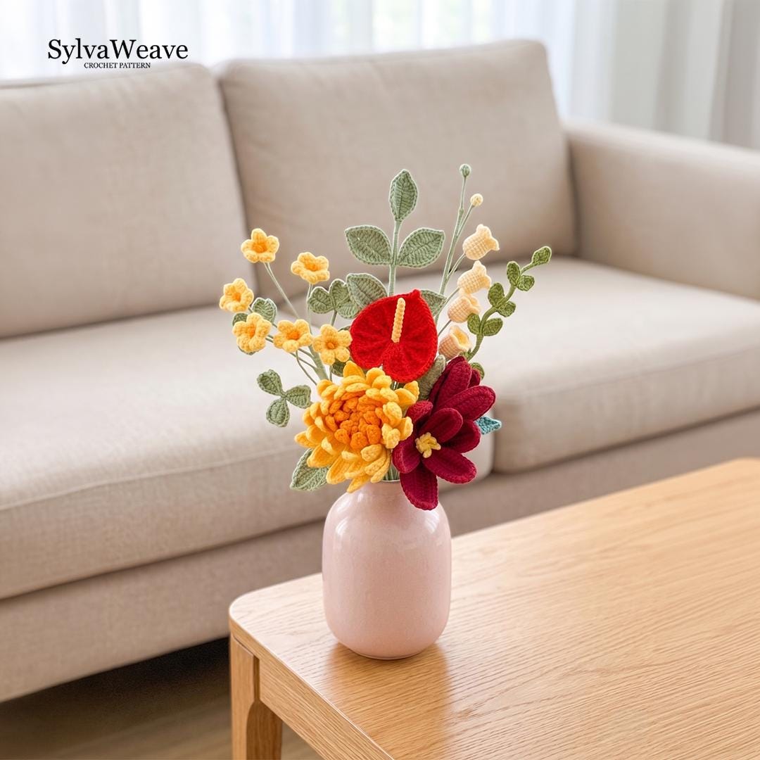 7-in-1 Crochet Flower Bouquet Pattern, Multi-Language Video Tutorial (Dahlia, Tulip, Lily)