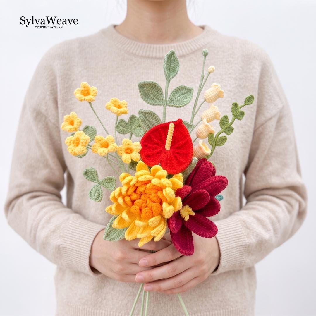 7-in-1 Crochet Flower Bouquet Pattern, Multi-Language Video Tutorial (Dahlia, Tulip, Lily)