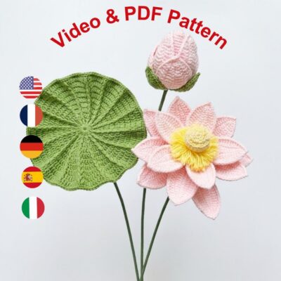 Crochet Lotus Flower Bouquet Pattern (3-in-1 Bundle) (PDF & Video), Gift for Grandmother, Home Decoration