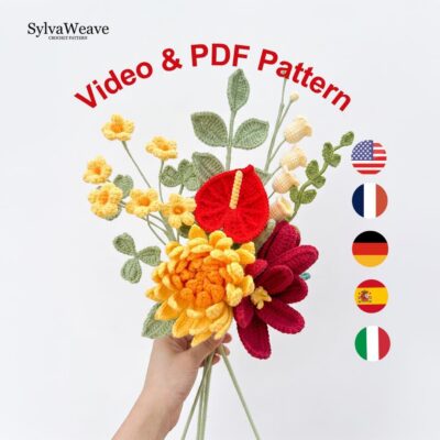 7-in-1 Crochet Flower Bouquet Pattern, Multi-Language Video Tutorial (Dahlia, Tulip, Lily)