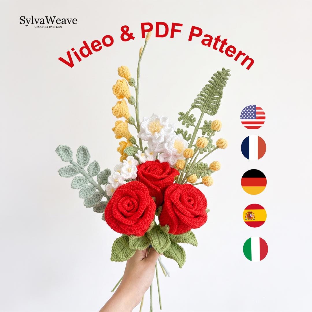 Crochet Rose Bouquet Pattern, 7 Flower Types, Video Tutorial (PDF Pattern), Forever Flower, Anniversary Gift,