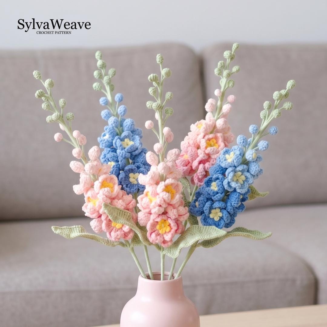 Delphinium Crochet Flower Pattern PDF with Video Tutorial, Beginner DIY Plant Decor, Beginner Friendly