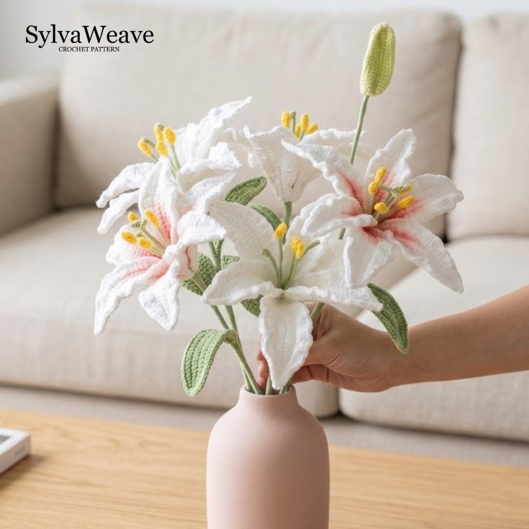 Lily Crochet Flower Pattern PDF with Video Tutorial, Elegant Bouquet DIY Gift