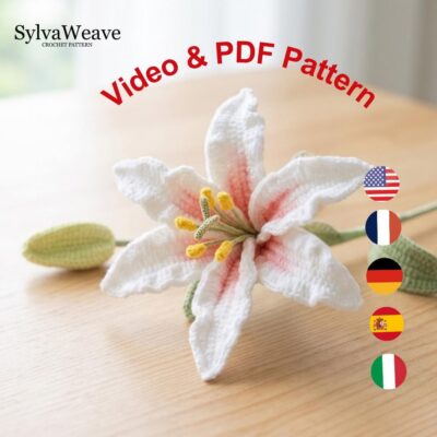 Lily Crochet Flower Pattern PDF with Video Tutorial, Elegant Bouquet DIY Gift