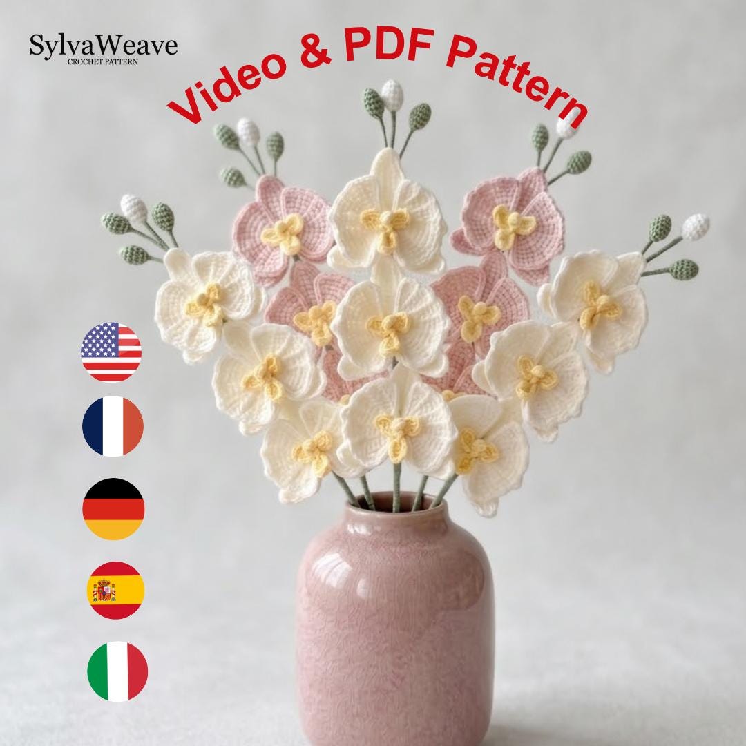 Crochet Moth Orchid Flower Pattern PDF with Video Tutorial, Elegant Bouquet DIY Gift