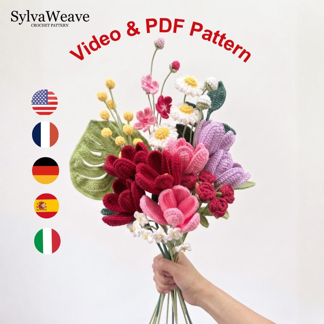 Crochet Flower Bouquet Pattern, 8 Types, Beginner Video Tutorial (Digital Download)