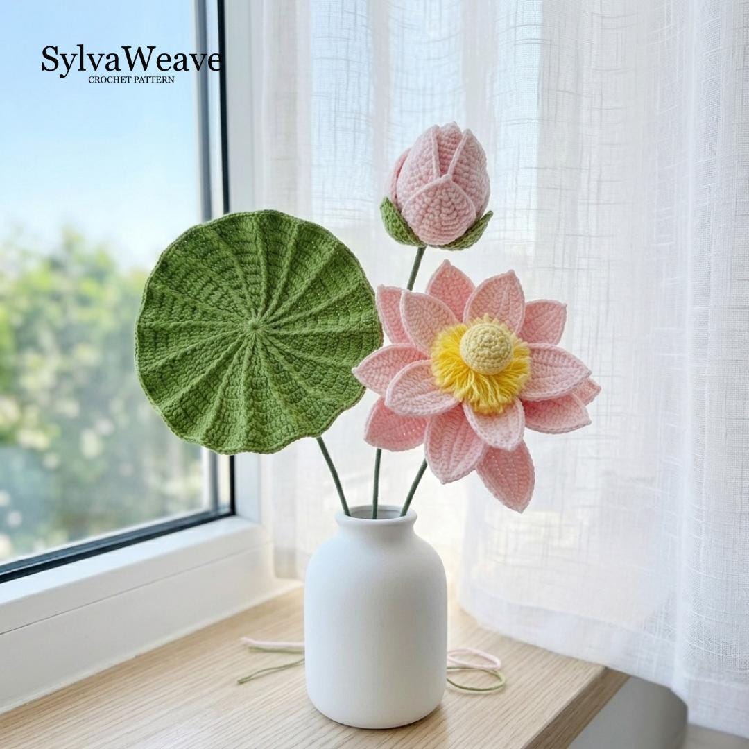 Crochet Lotus Flower Bouquet Pattern (3-in-1 Bundle) (PDF & Video), Gift for Grandmother, Home Decoration