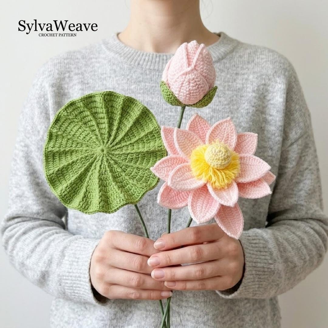 Crochet Lotus Flower Bouquet Pattern (3-in-1 Bundle) (PDF & Video), Gift for Grandmother, Home Decoration