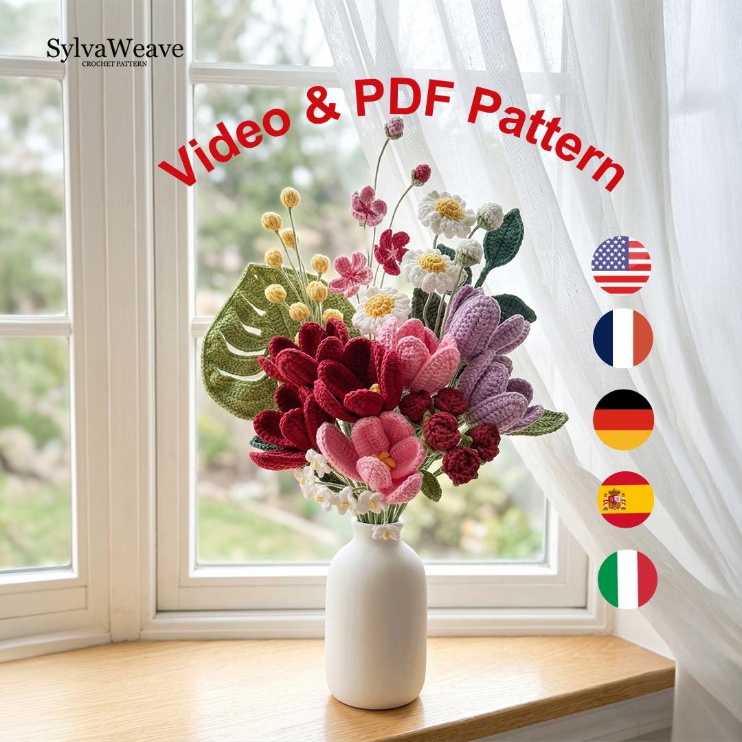 Crochet Flower Bouquet Pattern, 8 Types, Beginner Video Tutorial (Digital Download)