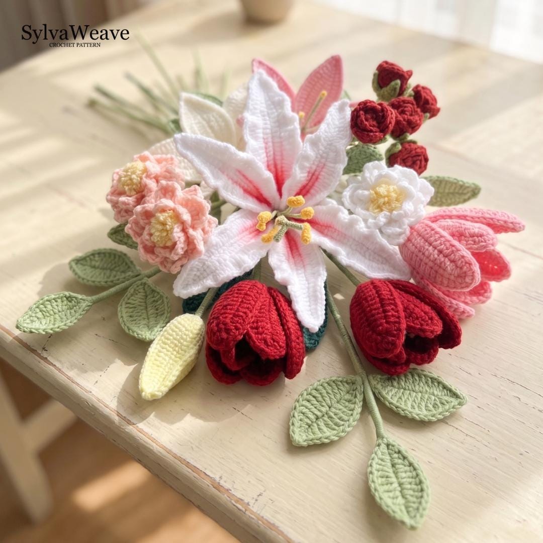 6-in-1 Crochet Flower Bouquet Pattern Bundle (PDF & Video), Beginner Friendly