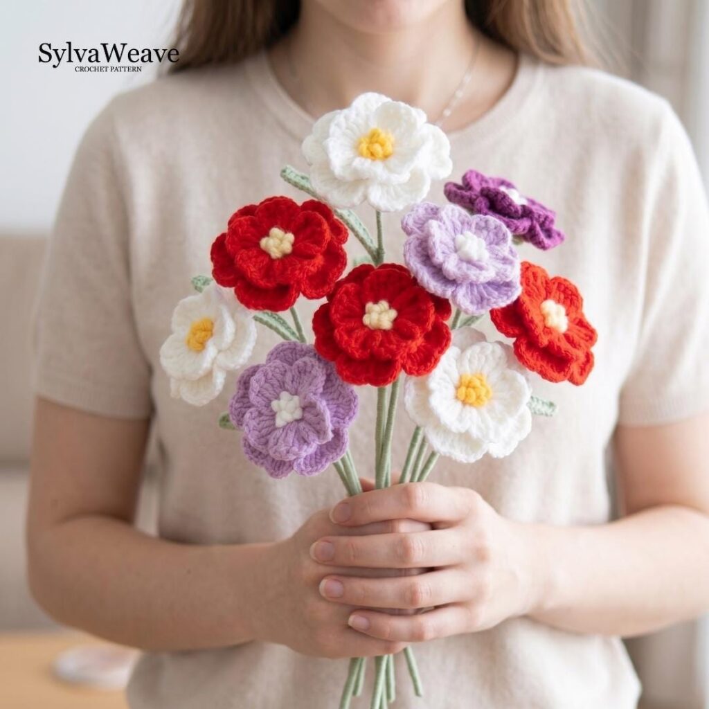 Crochet Flower Pattern PDF with Video Tutorial, Romantic Bouquet DIY Gift, Beginner Friendly