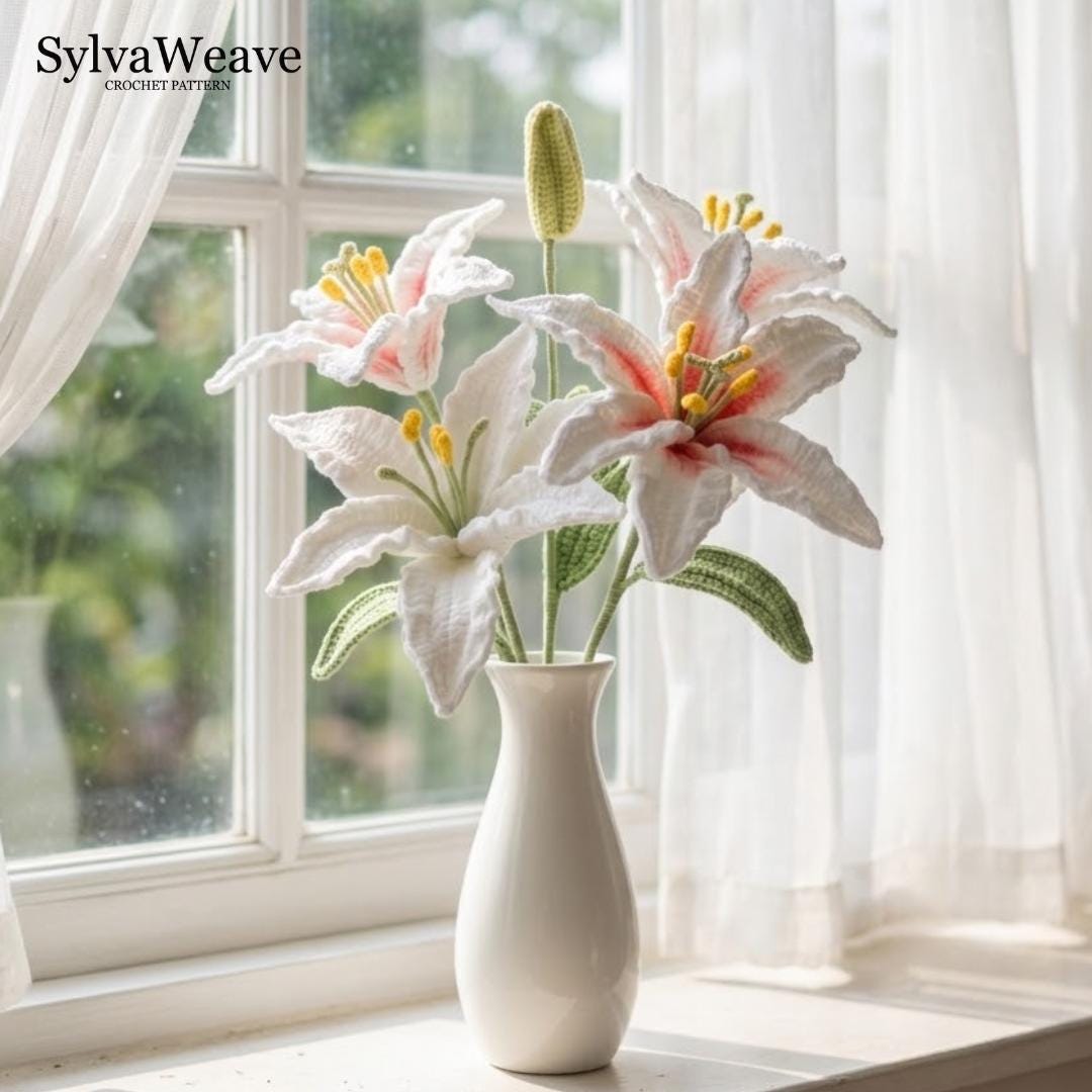 Lily Crochet Flower Pattern PDF with Video Tutorial, Elegant Bouquet DIY Gift