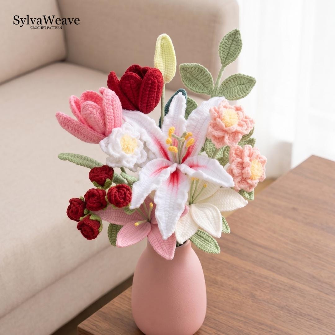 6-in-1 Crochet Flower Bouquet Pattern Bundle (PDF & Video), Beginner Friendly