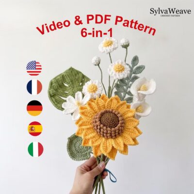 Crochet Flower Bouquet Pattern Bundle (Sunflower, Lily, Daisy, Monstera) (PDF & Video)