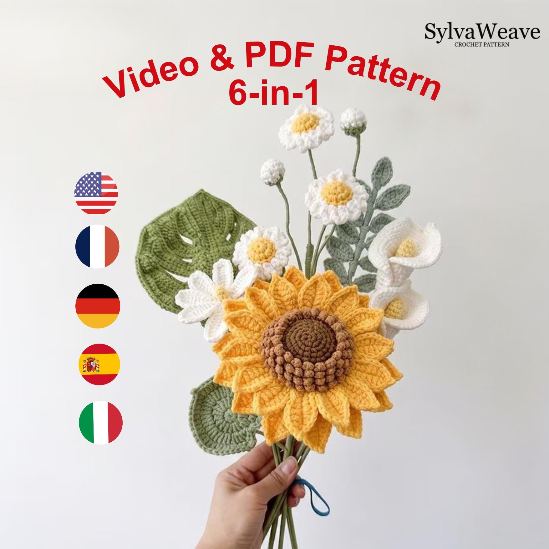 Crochet Flower Bouquet Pattern Bundle (Sunflower, Lily, Daisy, Monstera) (PDF & Video)