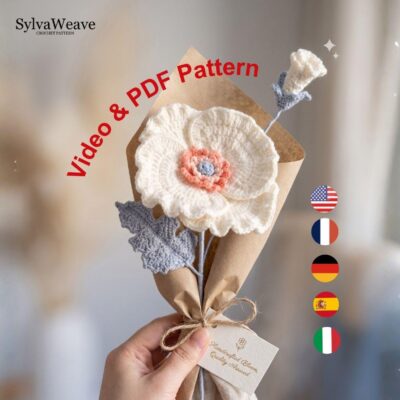Corn Poppy Crochet Flower Pattern PDF with Video Tutorial, Romantic Bouquet DIY Gift