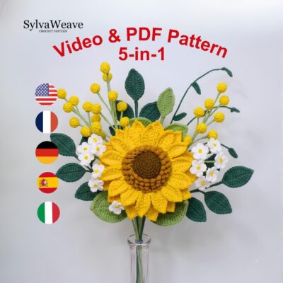 Crochet Sunflower Bouquet Pattern, Beginner Friendly PDF with Video Tutorial (Multi-Language) | Sunflower Daisy, wedding Graduation Gift