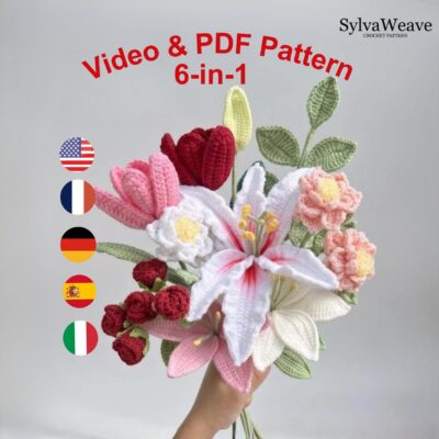 6-in-1 Crochet Flower Bouquet Pattern Bundle (PDF & Video), Beginner Friendly